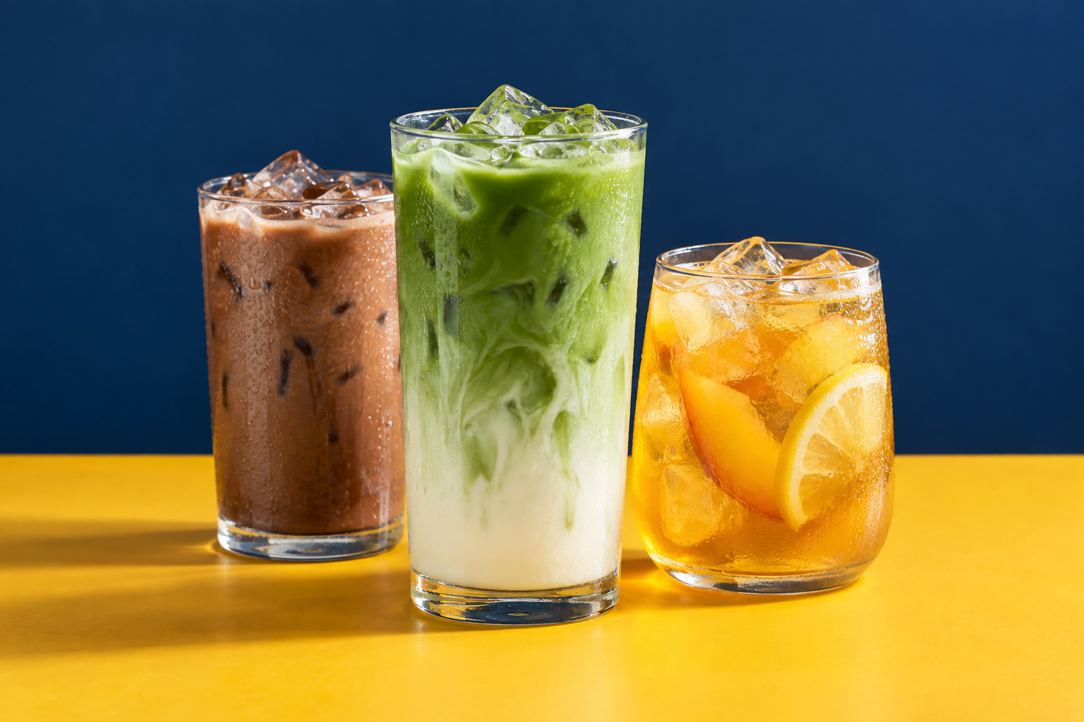 Ilustrasi sajian matcha latte, cokelat dingin, dan teh buah